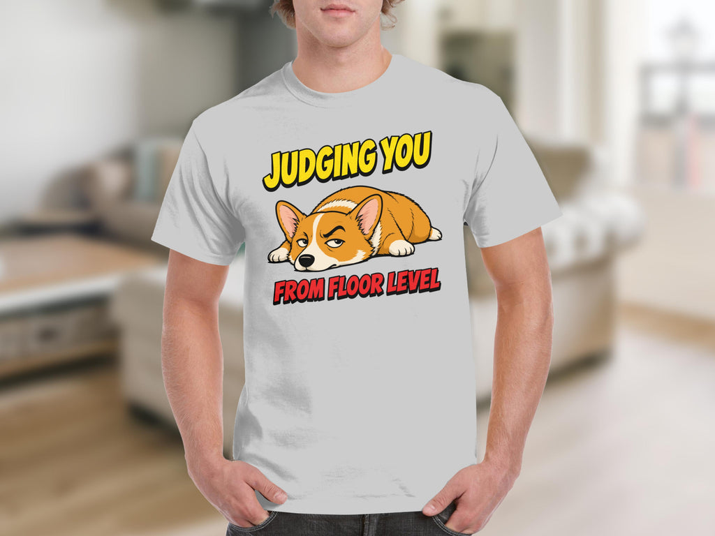 Corgi judging from floor level on a t-shirt.