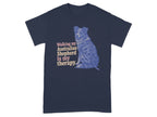 Dark blue t-shirt with a blue Australian Shepherd and text that reads "Walking my Australian Shepherd is my therapy."