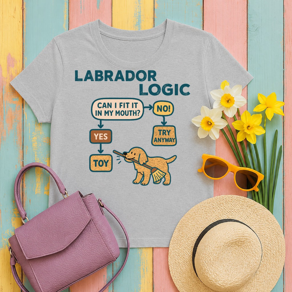Yellow Labrador Logic Flowchart T-Shirt flat lay on sport grey