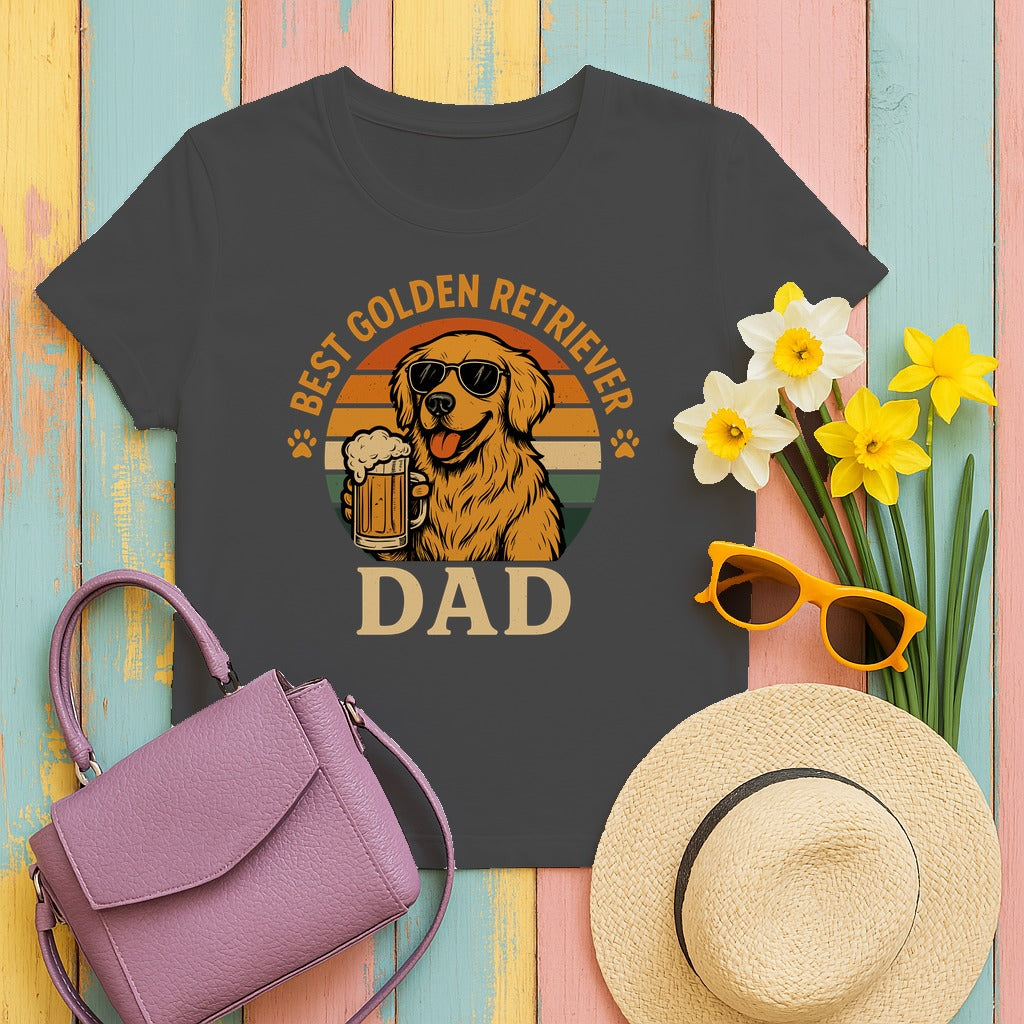 Best Golden Retriever Dad with Beer and Shades T-Shirt in Dark Heather