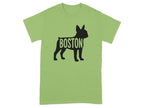 Green t-shirt with black Boston French Bulldog silhouette and text.