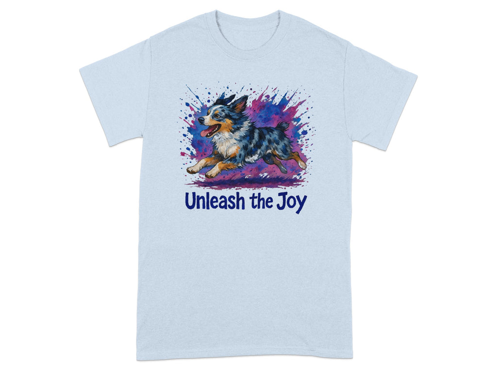 Light blue t-shirt with dog illustration and "Unleash the Joy" text.