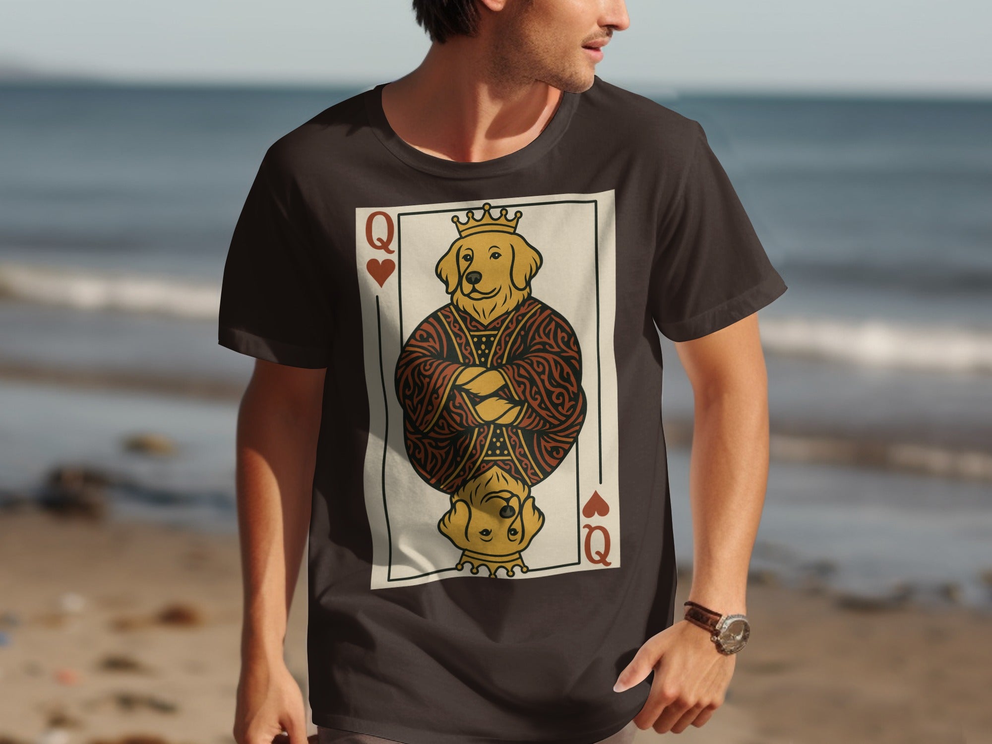 Dark t-shirt with playing card graphic of a crowned dog wearing an ornate robe.