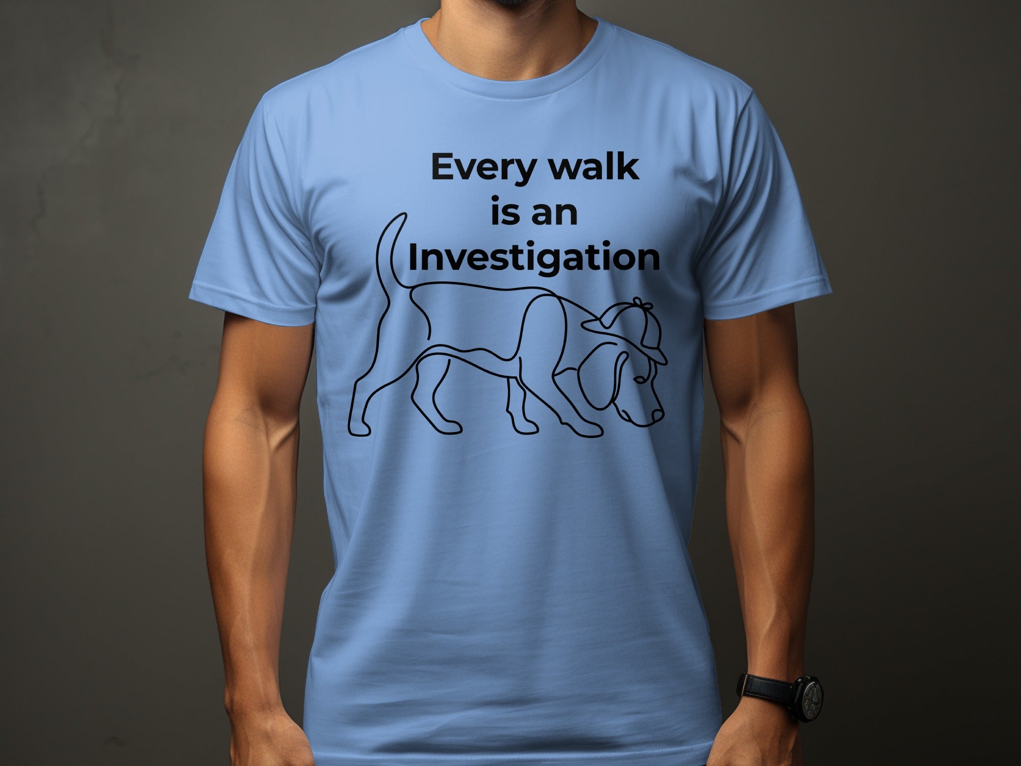 Light blue t-shirt with "Every walk is an Investigation" and a dog illustration.