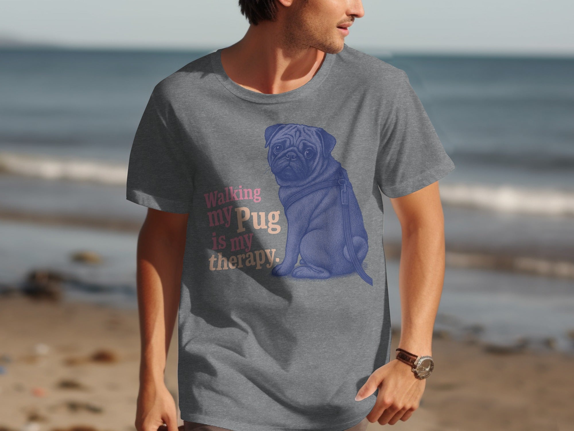T-shirt with graphic of a pug and text: Walking my pug is my therapy.