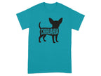 Teal t-shirt with black chihuahua silhouette and text on chest.