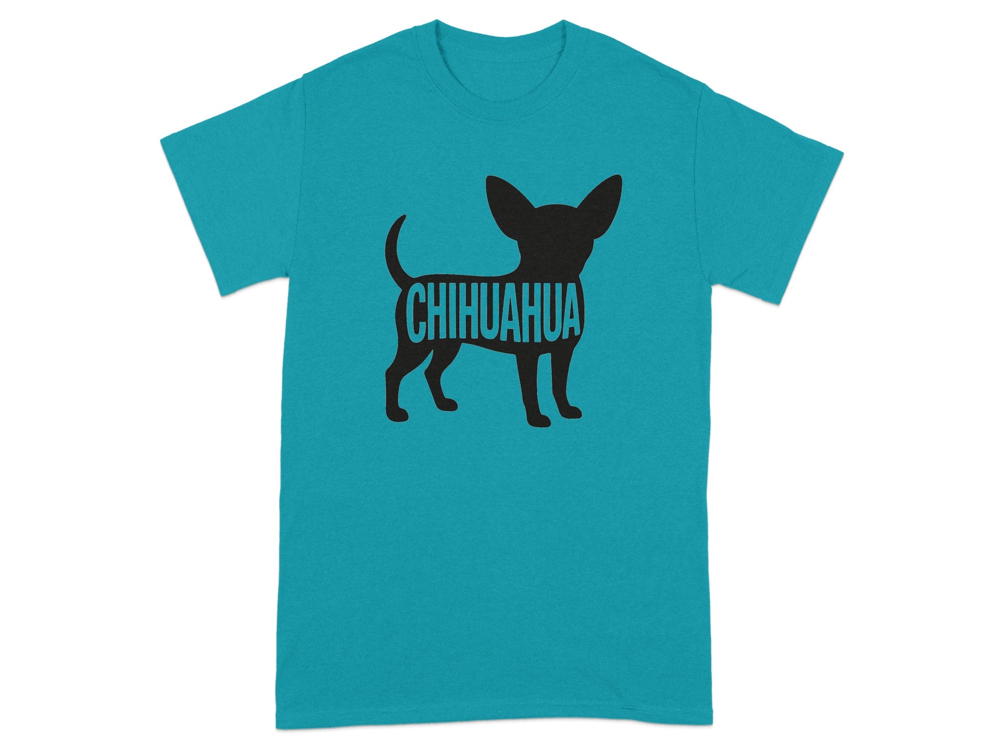 Teal t-shirt with black chihuahua silhouette and text on chest.