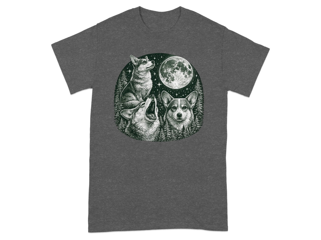 Three corgis and a howling wolf under a full moon and starry sky.