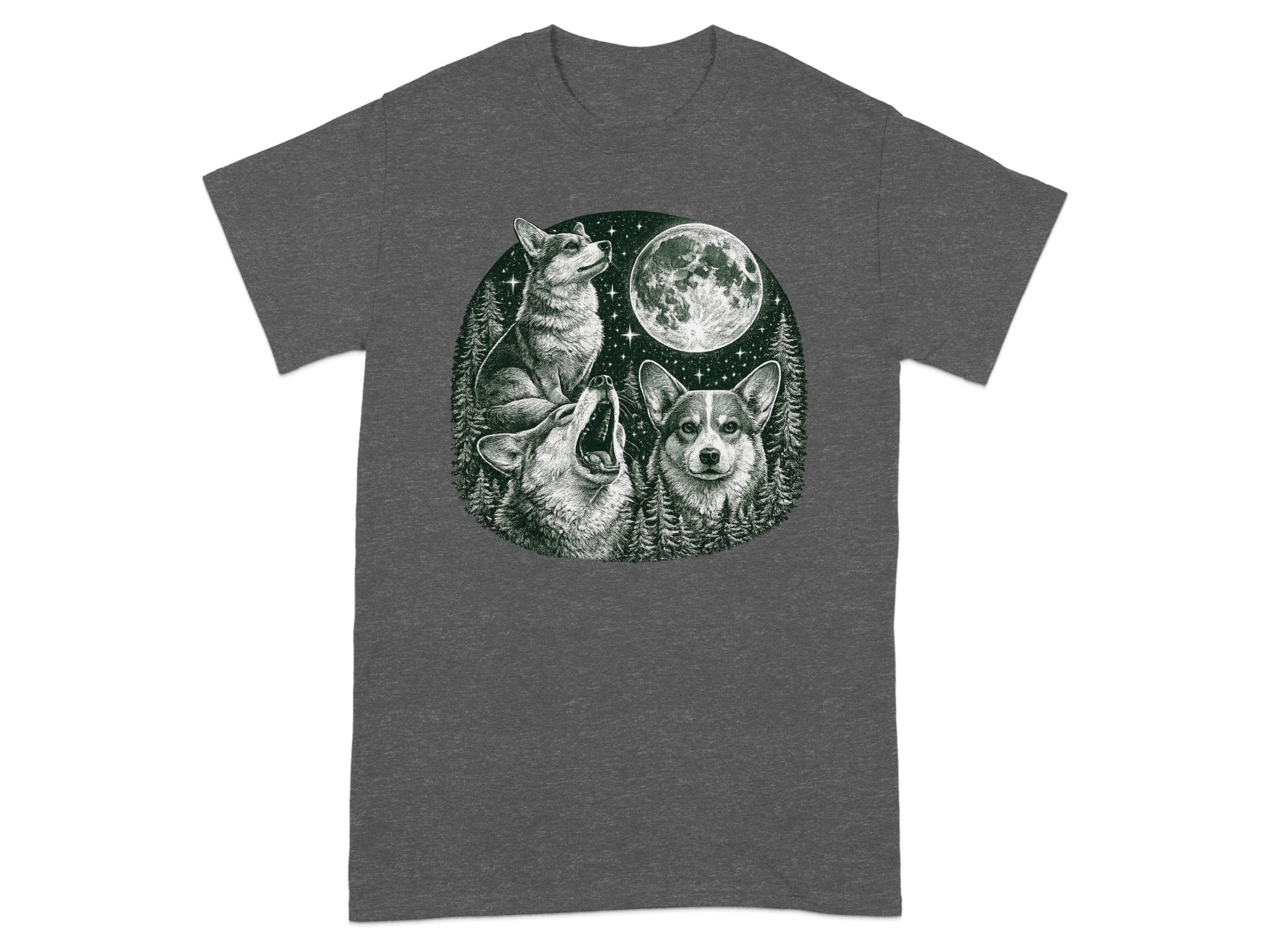 Three corgis and a howling wolf under a full moon and starry sky.