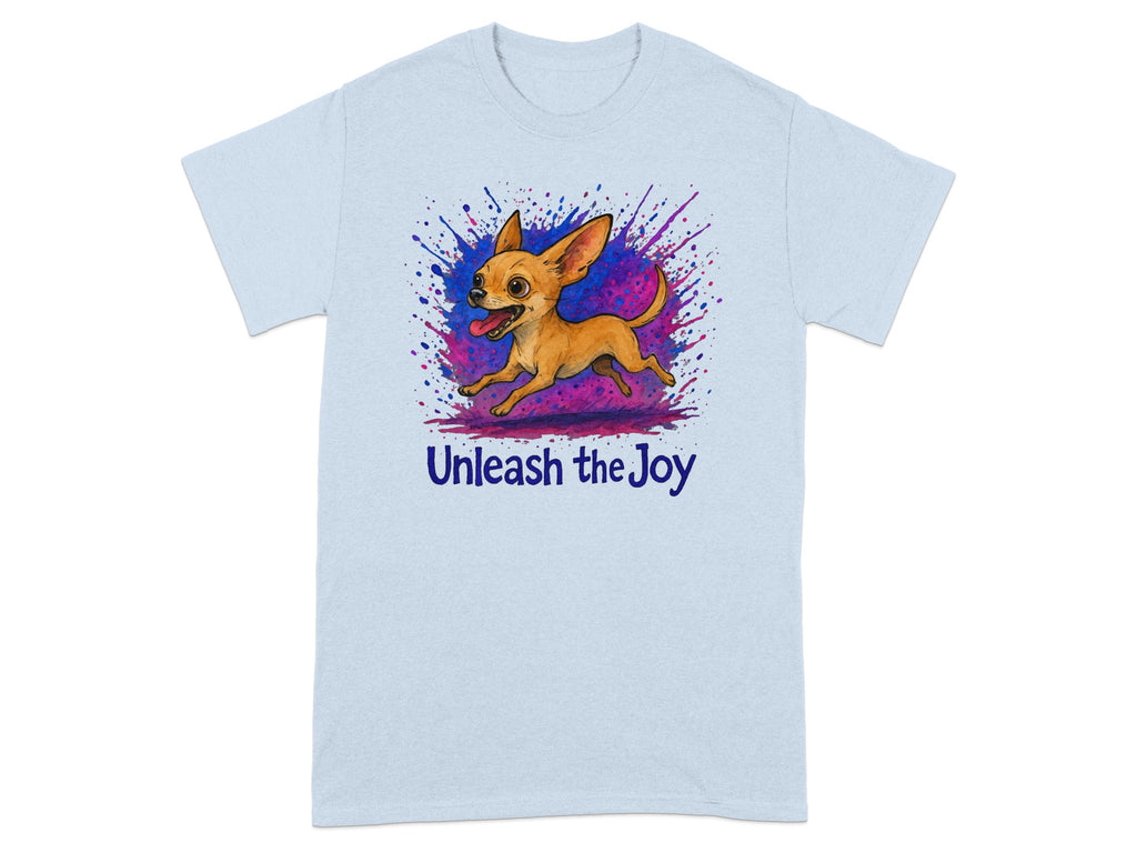 Light blue t-shirt with a happy jumping chihuahua and purple splatter design.