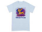 Light blue t-shirt with a happy jumping chihuahua and purple splatter design.