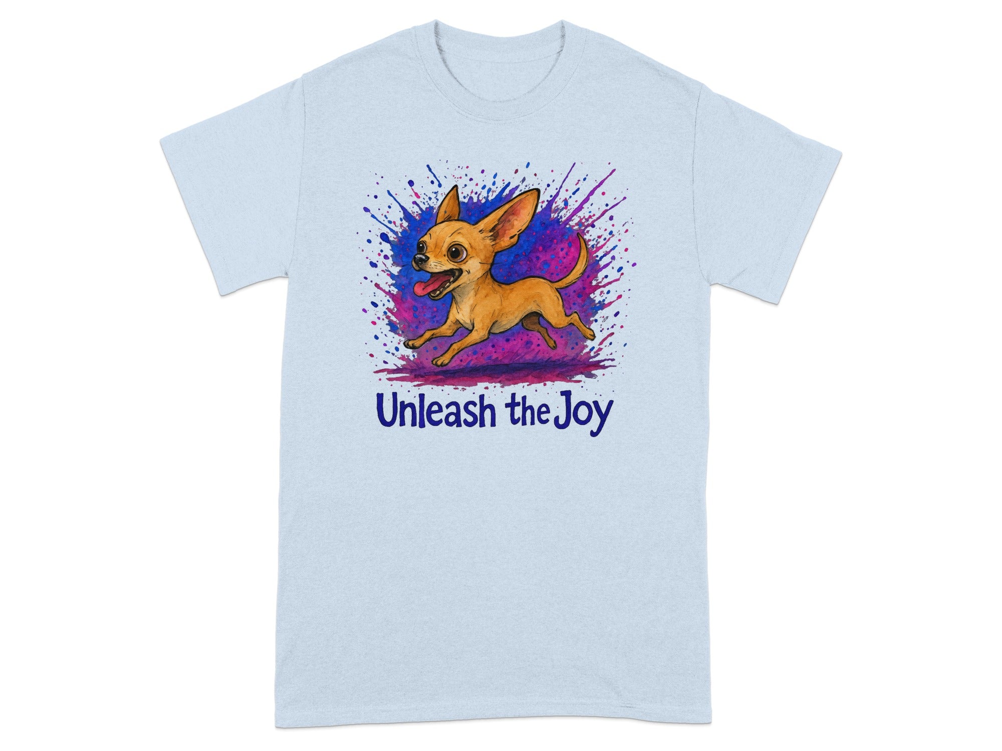 Light blue t-shirt with a happy jumping chihuahua and purple splatter design.