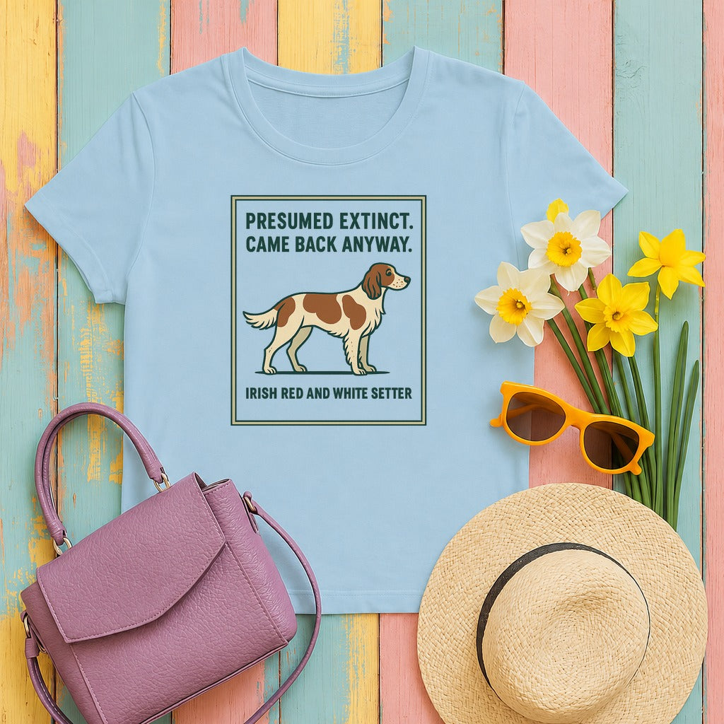 Irish Red and White Setter Presumed Extinct Tee in Light Blue