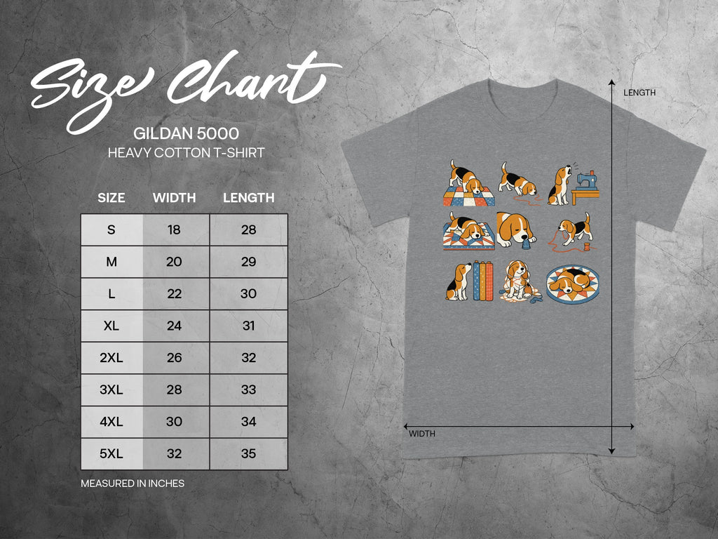 Gildan 5000 Heavy Cotton T-Shirt size chart with measurements in inches.