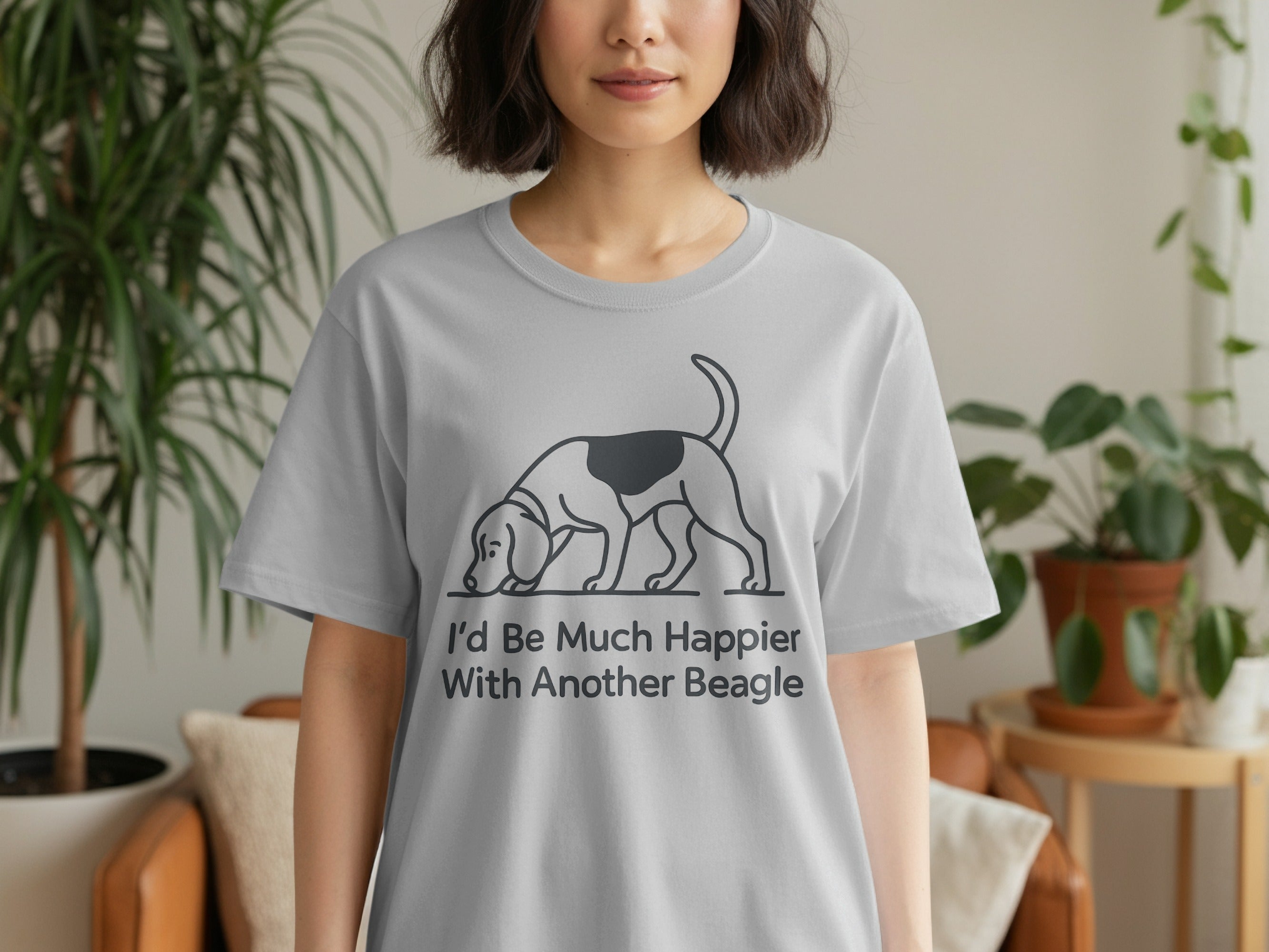 Grey t-shirt with Beagle illustration and text "I'd Be Much Happier With Another Beagle".