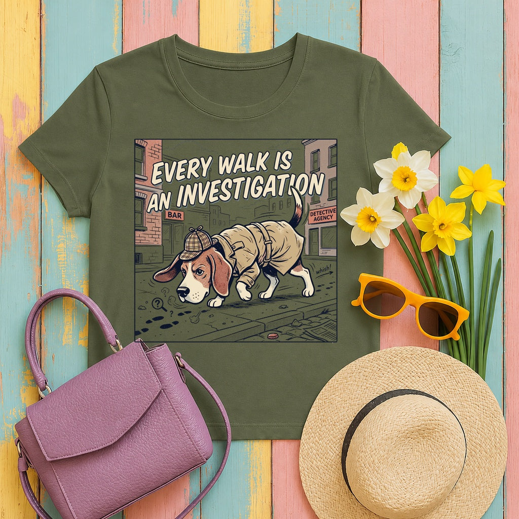Every Walk is an Investigation Beagle Cartoon T-Shirt in Military Green