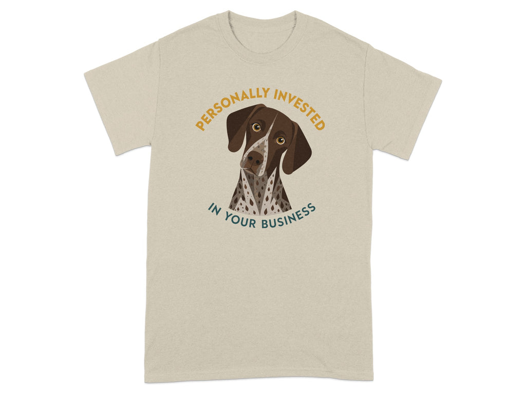 T-shirt with dog's head and text "Personally invested in your business".