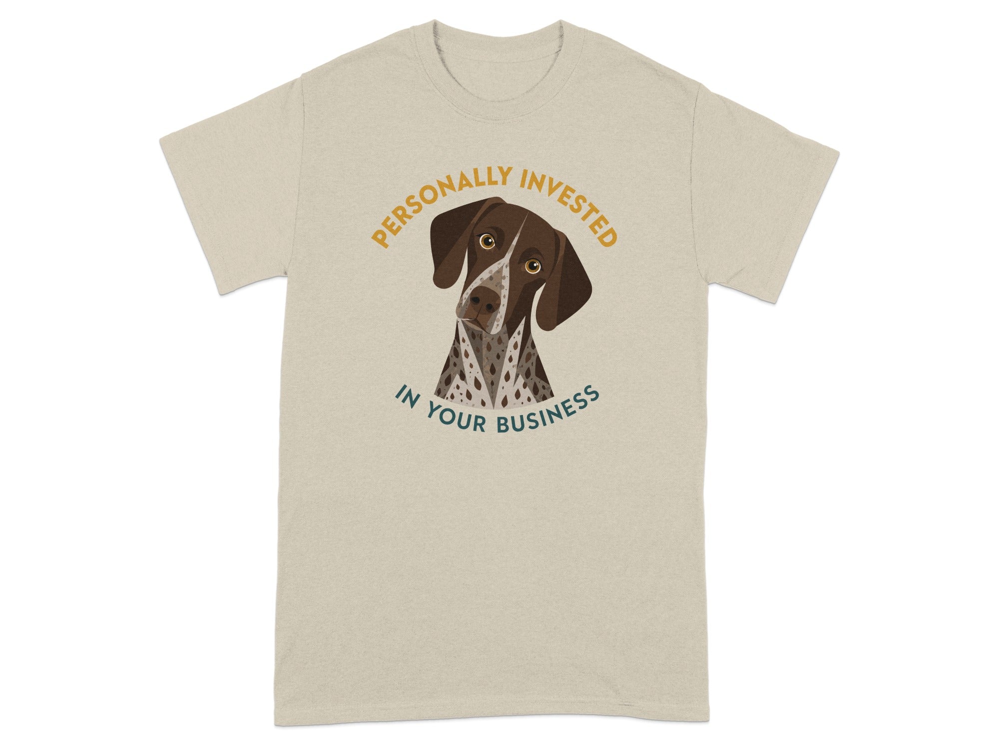 T-shirt with dog's head and text "Personally invested in your business".