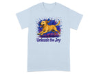 Light blue t-shirt with running dog graphic and "Unleash the Joy" text.