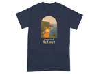 T-shirt with a corgi looking at the ocean with text "Paws And Reflect."