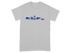 Grey t-shirt with blue dog graphic in various poses.