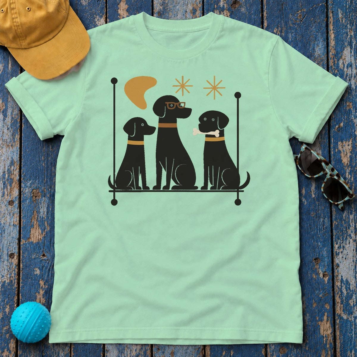 Mid-Century Black Labrador Retriever T-Shirt in Mint Green