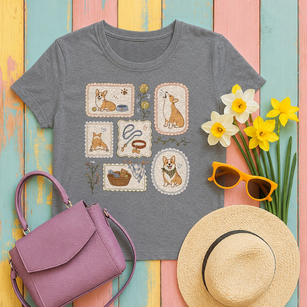 Cozy Corgi Vignettes T-Shirt in Graphite Heather
