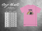 Gildan 5000 t-shirt size chart with measurements and Tunnel Vision graphic.