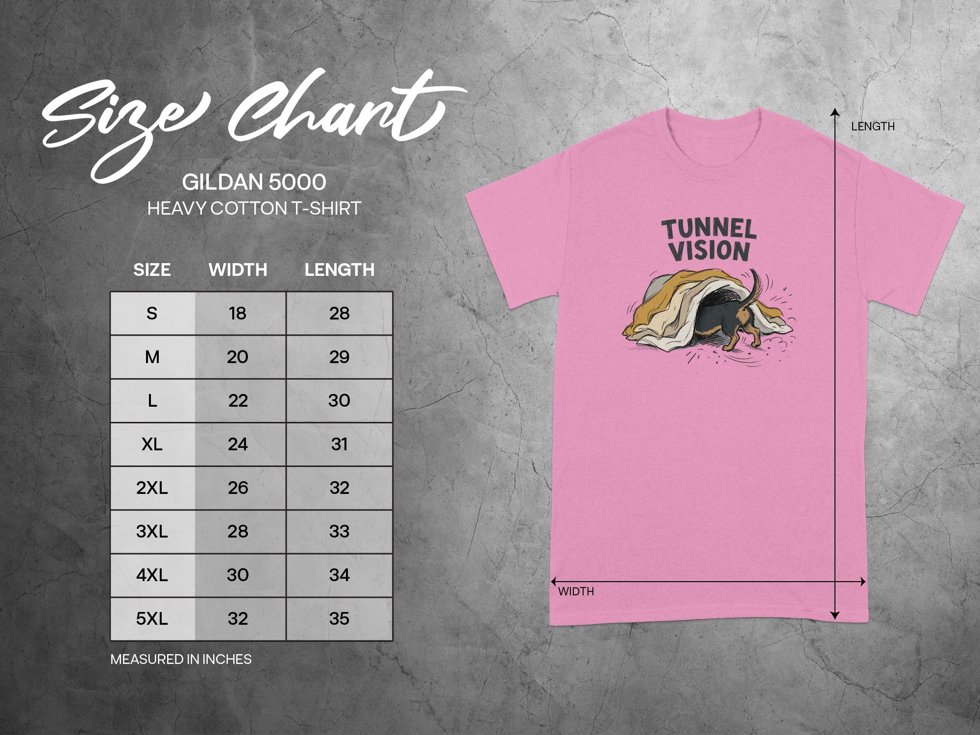 Gildan 5000 t-shirt size chart with measurements and Tunnel Vision graphic.