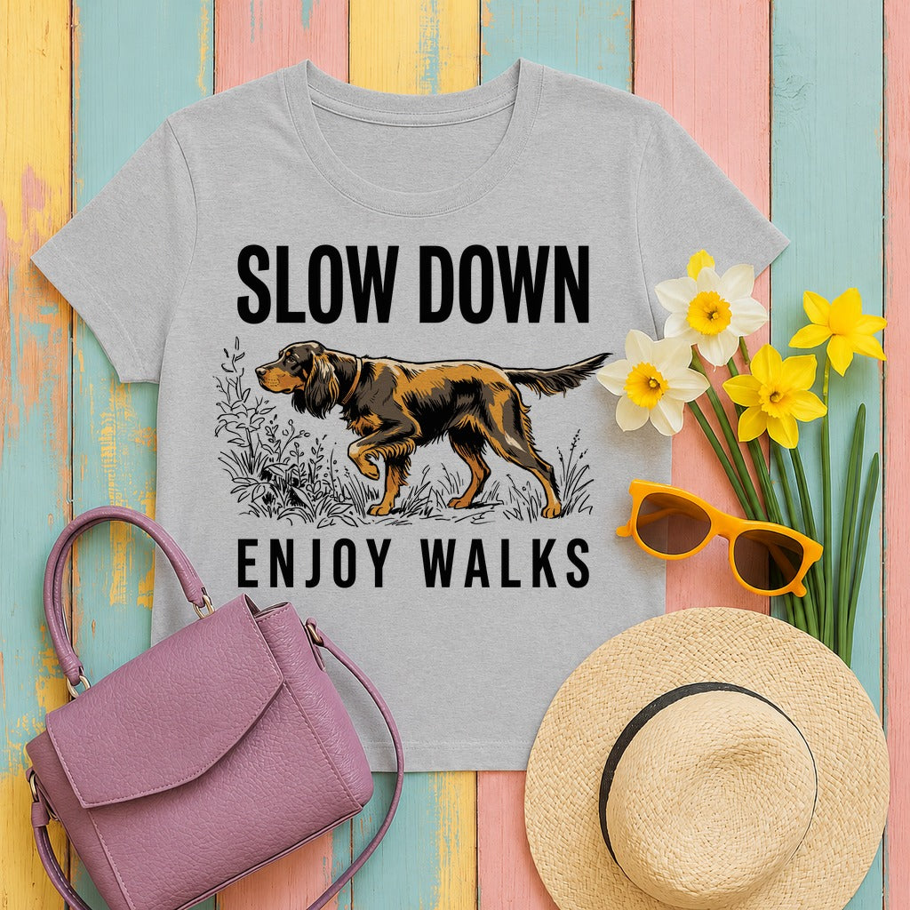 Slow Down Enjoy Walks Gordon Setter T-Shirt in Sport Grey