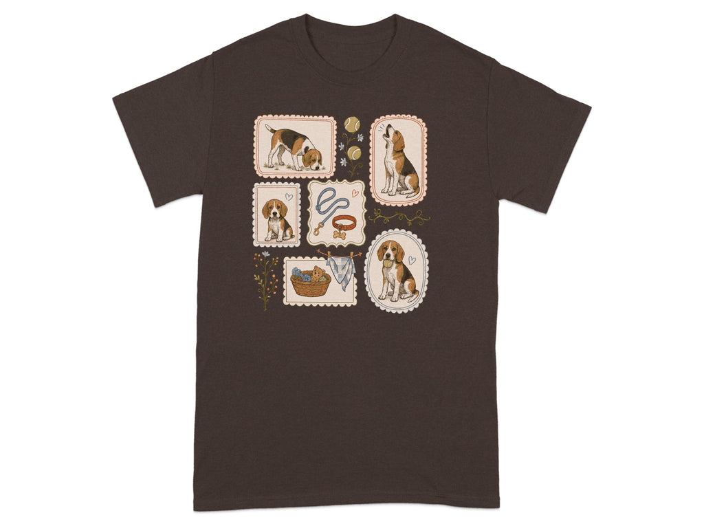 Brown t-shirt with framed dog illustrations and hearts.