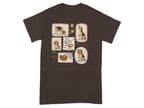 Brown t-shirt with framed dog illustrations and hearts.