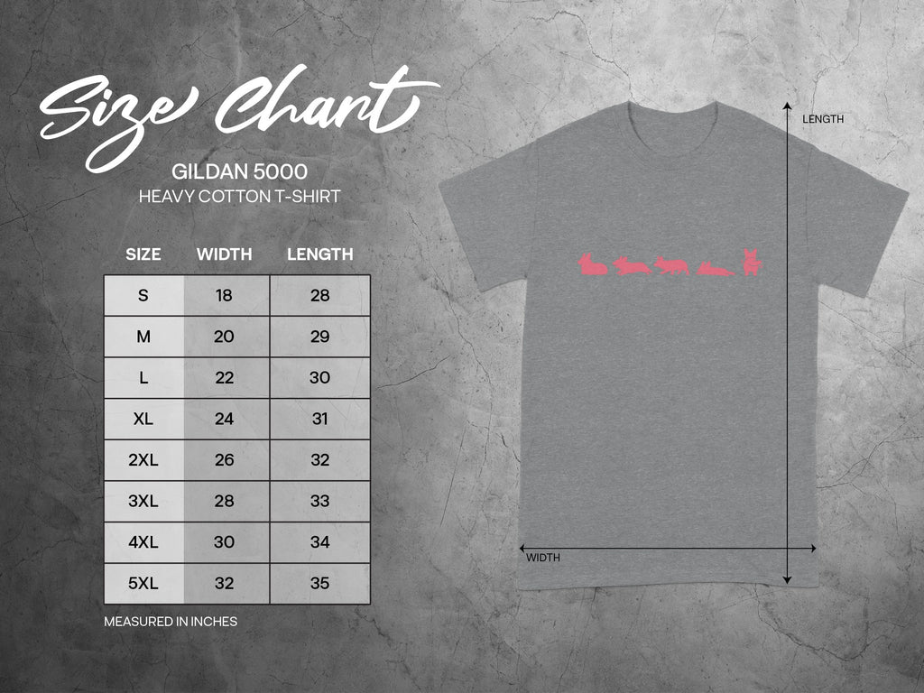 Gildan 5000 Heavy Cotton T-shirt size chart with width and length measurements in inches.