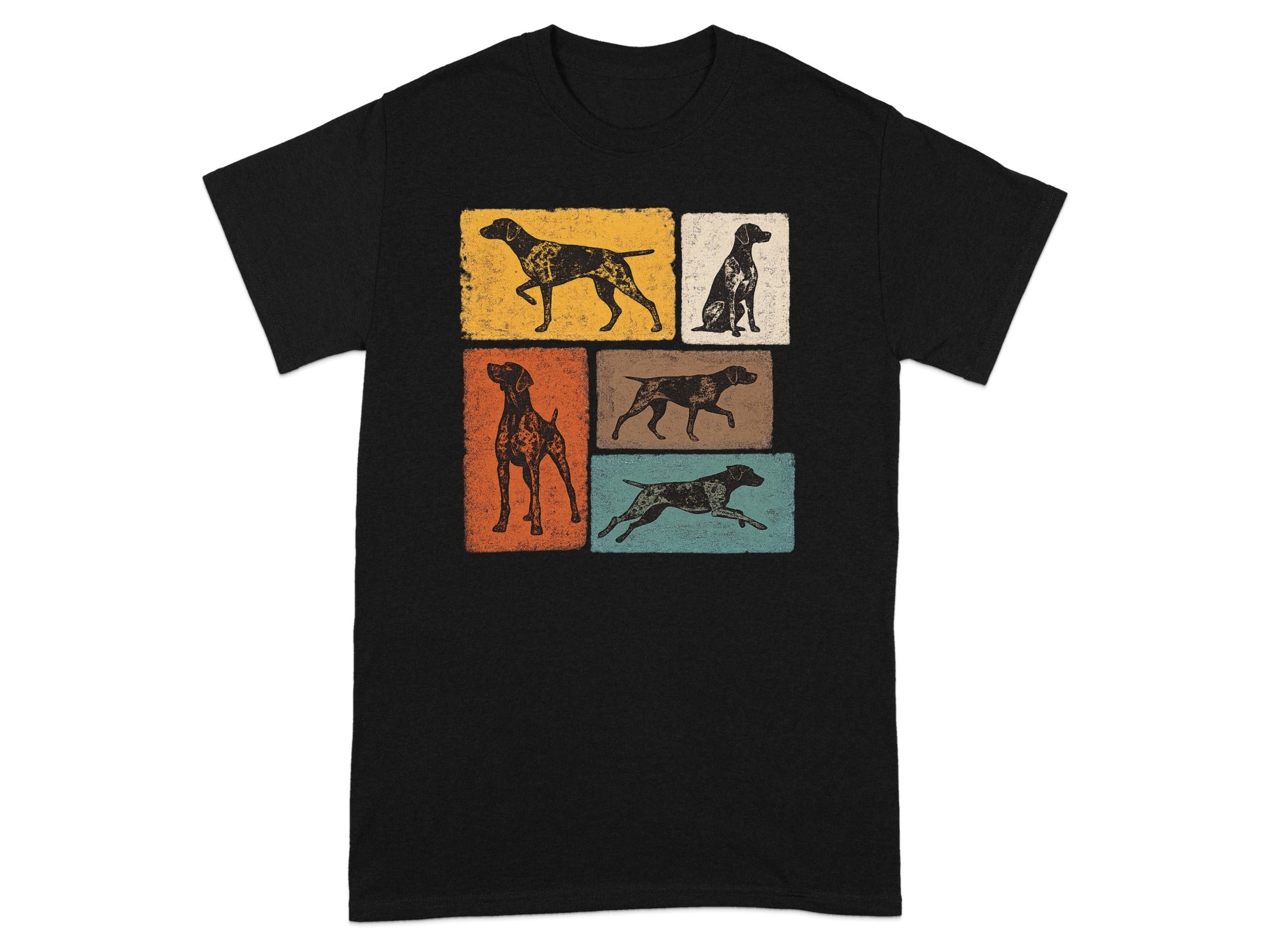 Black t-shirt with a distressed retro graphic of five German Shorthaired Pointers.