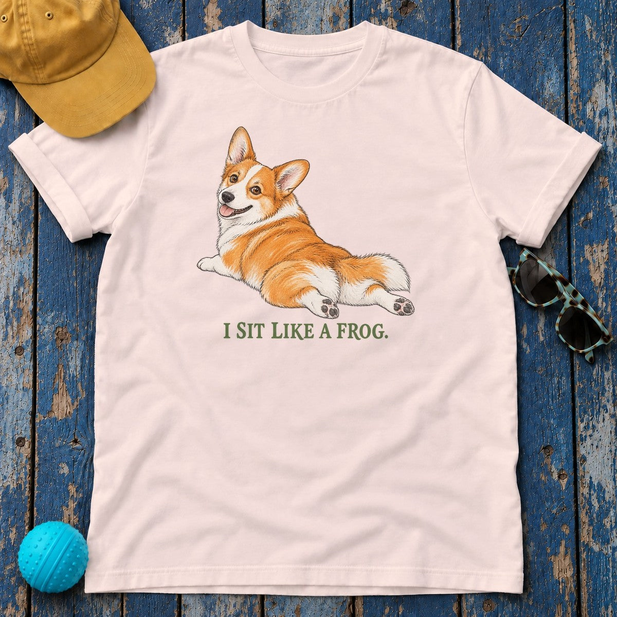 I Sit Like a Frog Corgi T-Shirt in Soft Pink - flat lay