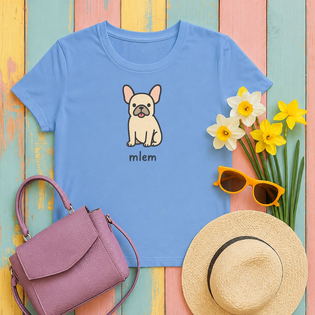 Cute French Bulldog with Mlem Expression Funny Dog T-Shirt in Carolina Blue