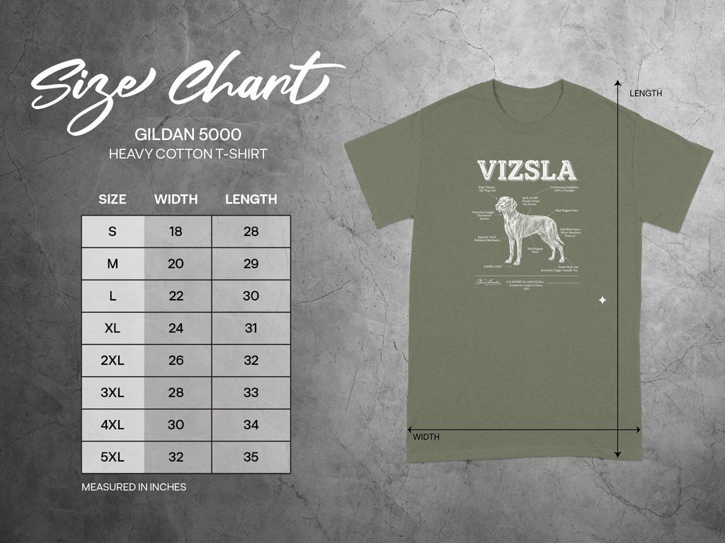 Gildan 5000 size chart for Vizsla t-shirts with anatomical humor.