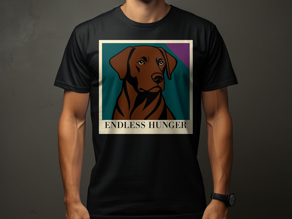 Black t-shirt with a framed illustration of a brown dog and the text "ENDLESS HUNGER".