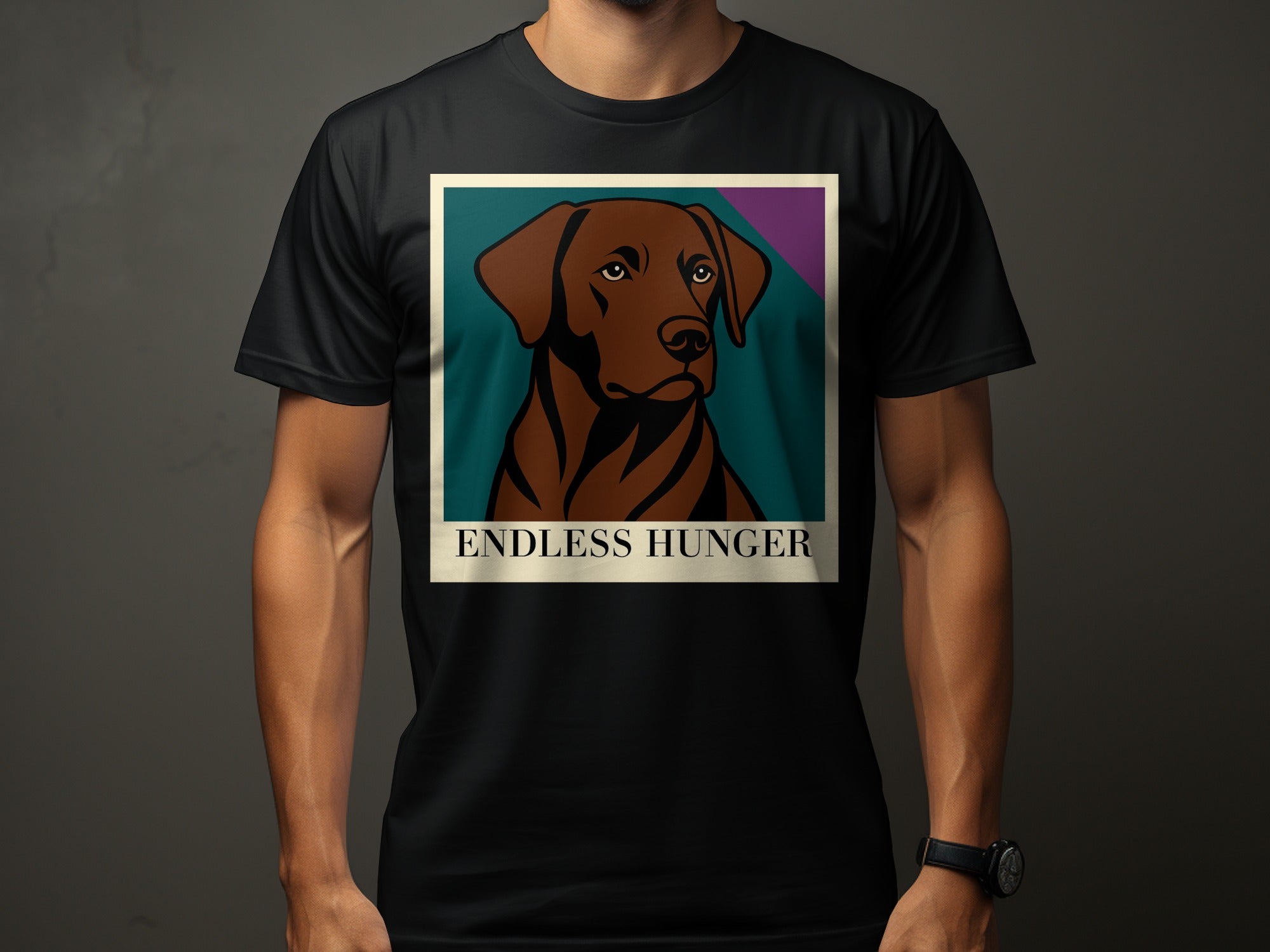 Black t-shirt with a framed illustration of a brown dog and the text "ENDLESS HUNGER".