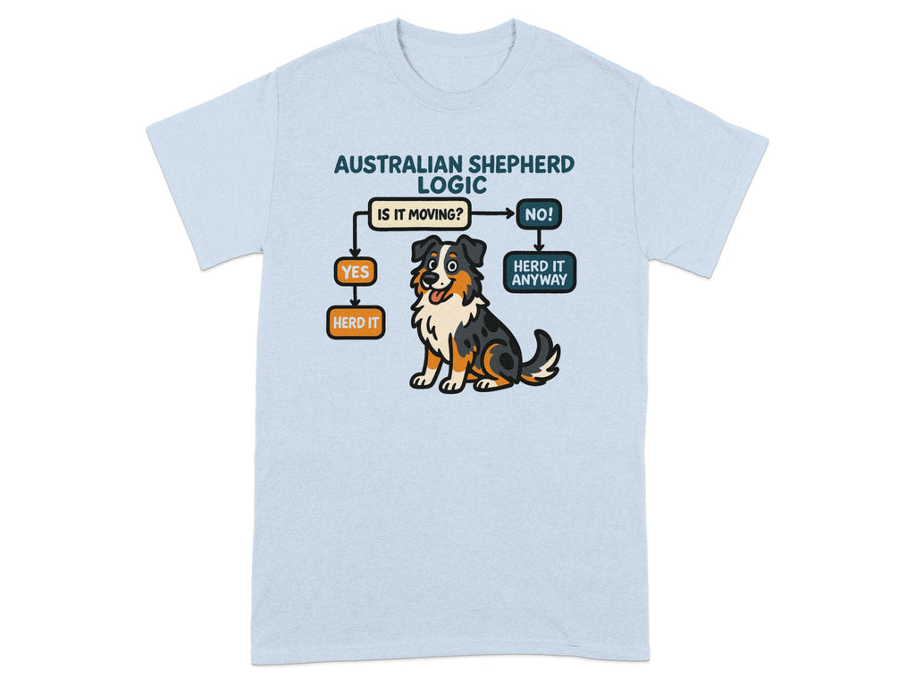 Light blue t-shirt with "Australian Shepherd Logic" diagram and cartoon dog.