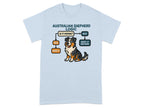 Light blue t-shirt with "Australian Shepherd Logic" diagram and cartoon dog.