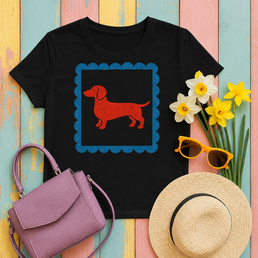 Cute Dachshund Blue Bordered Frame Detailed T-Shirt in Black
