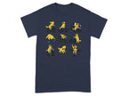 T-shirt graphic of nine cartoon golden retrievers riding bicycles in various situations.