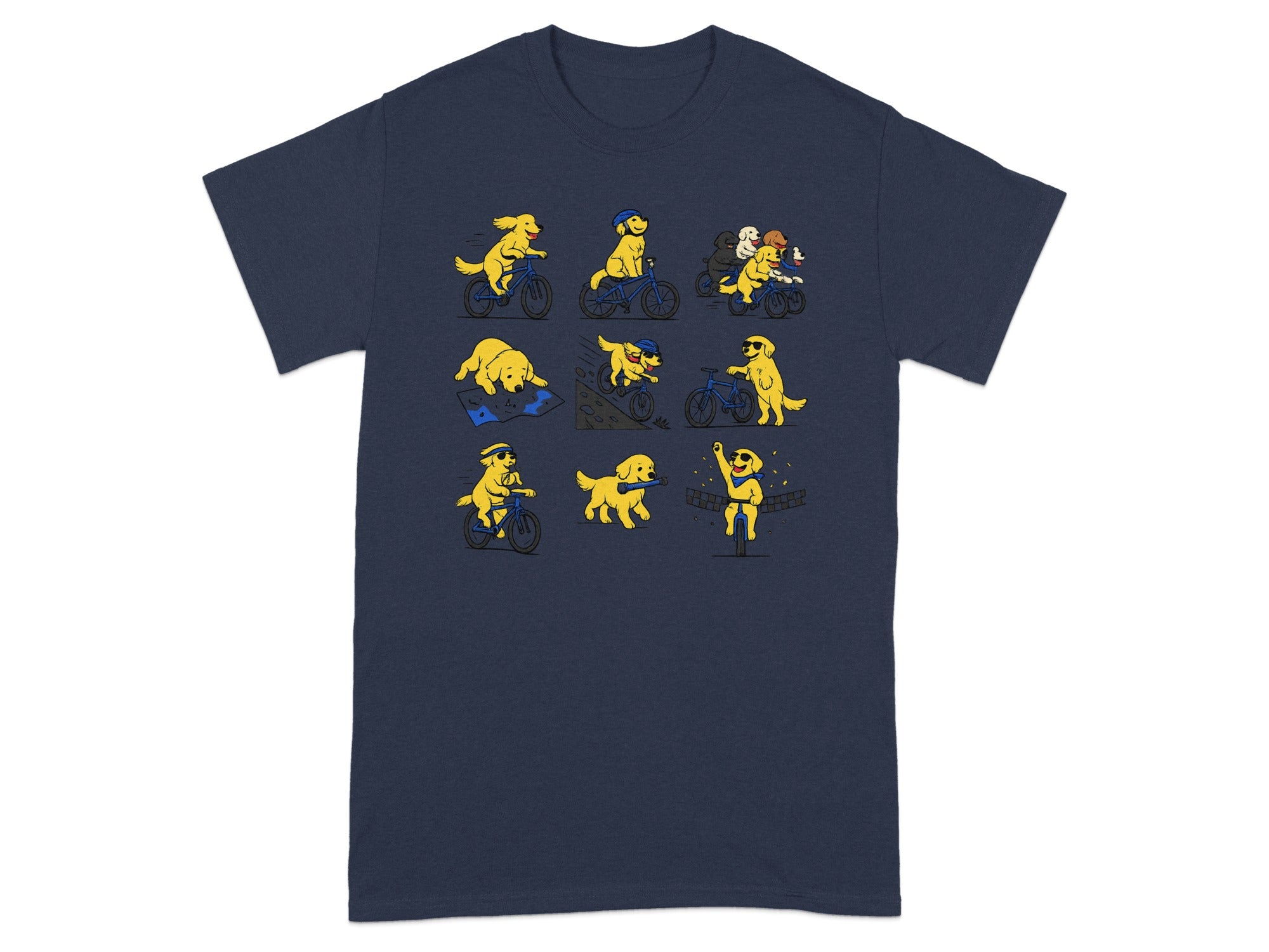 T-shirt graphic of nine cartoon golden retrievers riding bicycles in various situations.