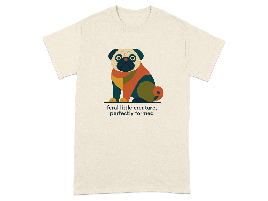 Cream t-shirt with abstract geometric pug design and text.