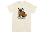 Cream t-shirt with abstract geometric pug design and text.