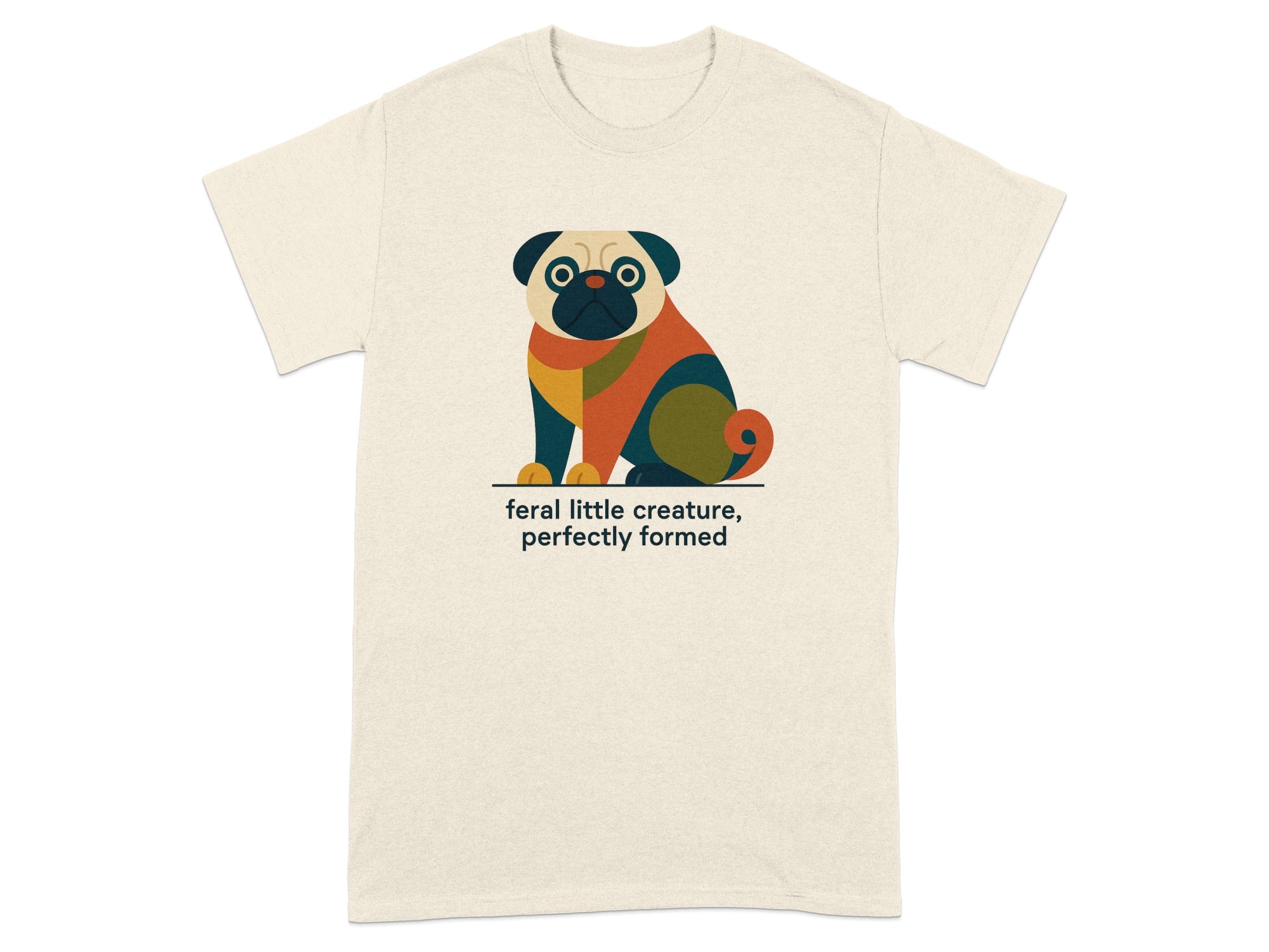 Cream t-shirt with abstract geometric pug design and text.