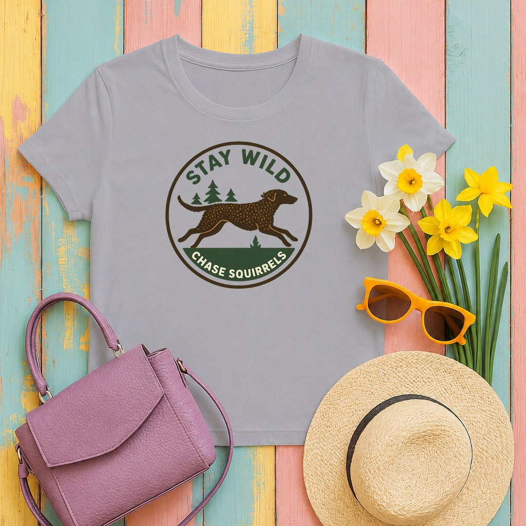 Curly-Coated Retriever Stay Wild Chase Squirrels Tee in Athletic Heather
