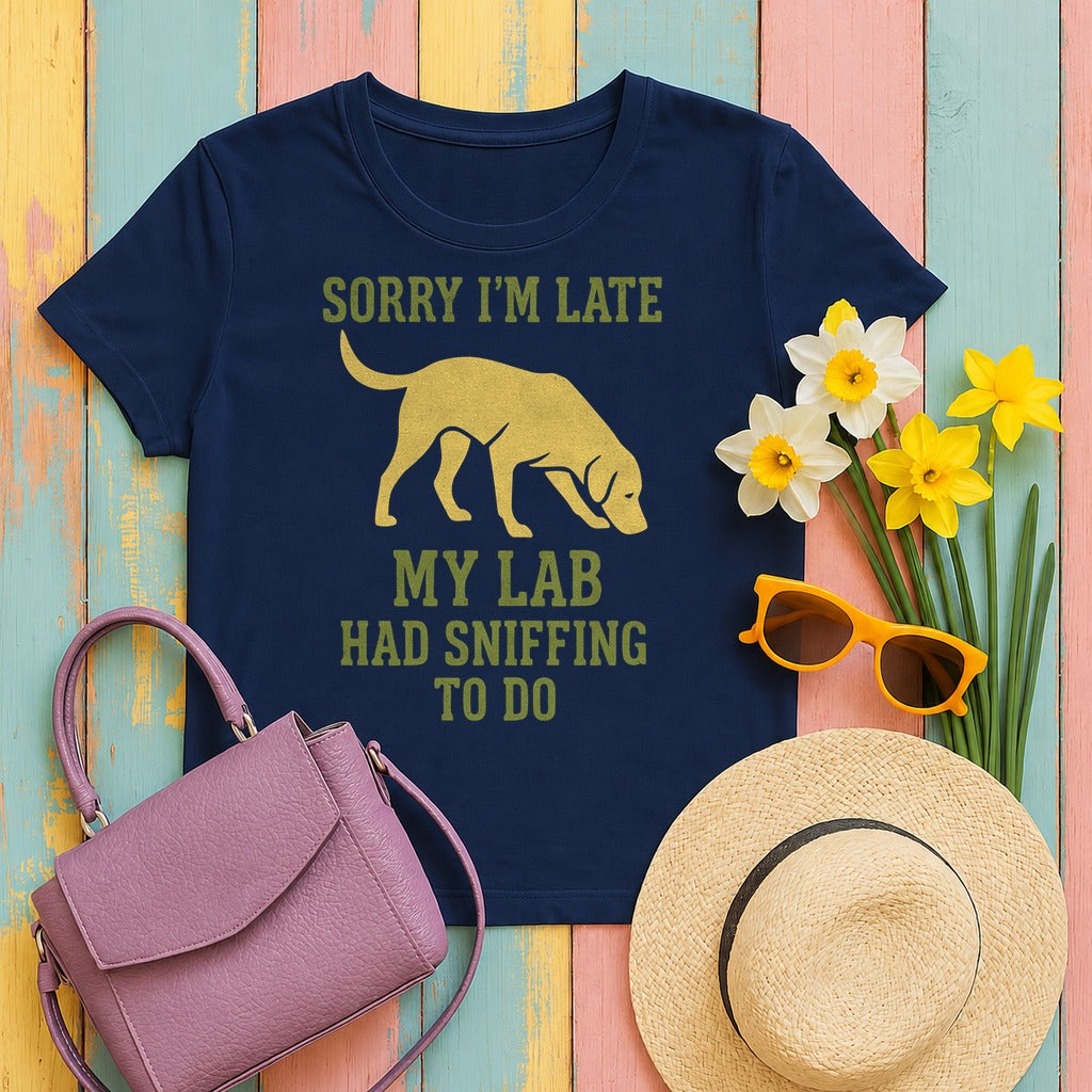 Sorry I am Late Lab Sniffing T-Shirt in Navy