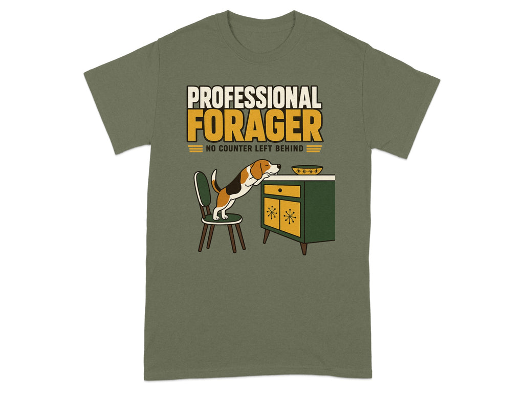 T-shirt with a beagle dog jumping onto a cabinet, text reads "Professional Forager".
